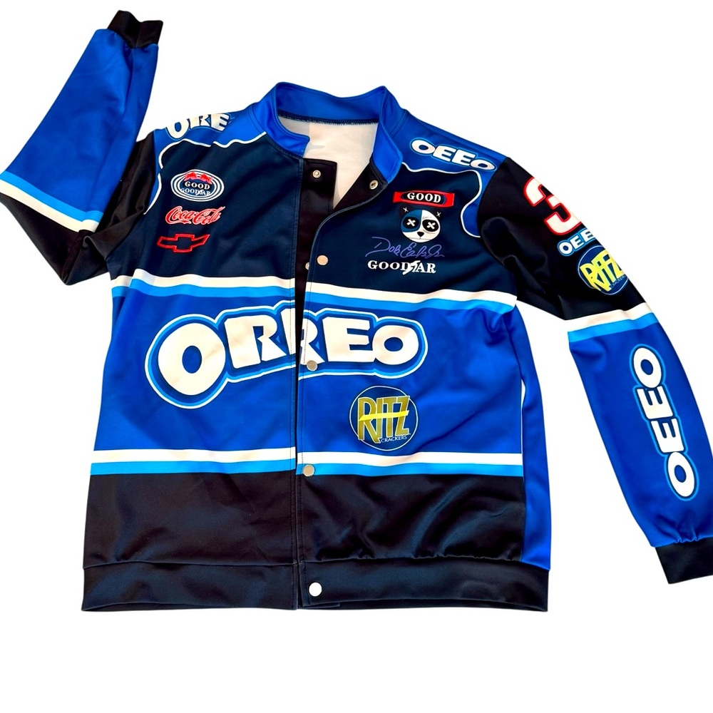 Blush Mark Faux "Oreo" Racing Snap Front Jacket.